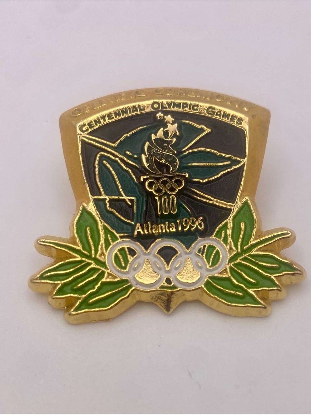 Opening Ceremony Gold Tone Olympic Commemorative Pin with Green Accents